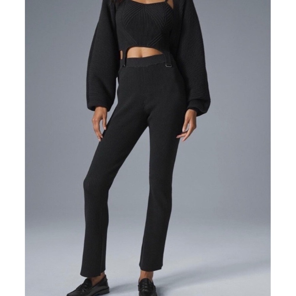ALO Yoga Denim Knit High Waist Flare Pants Black XS Y2K Foldover Yoga Athleisure